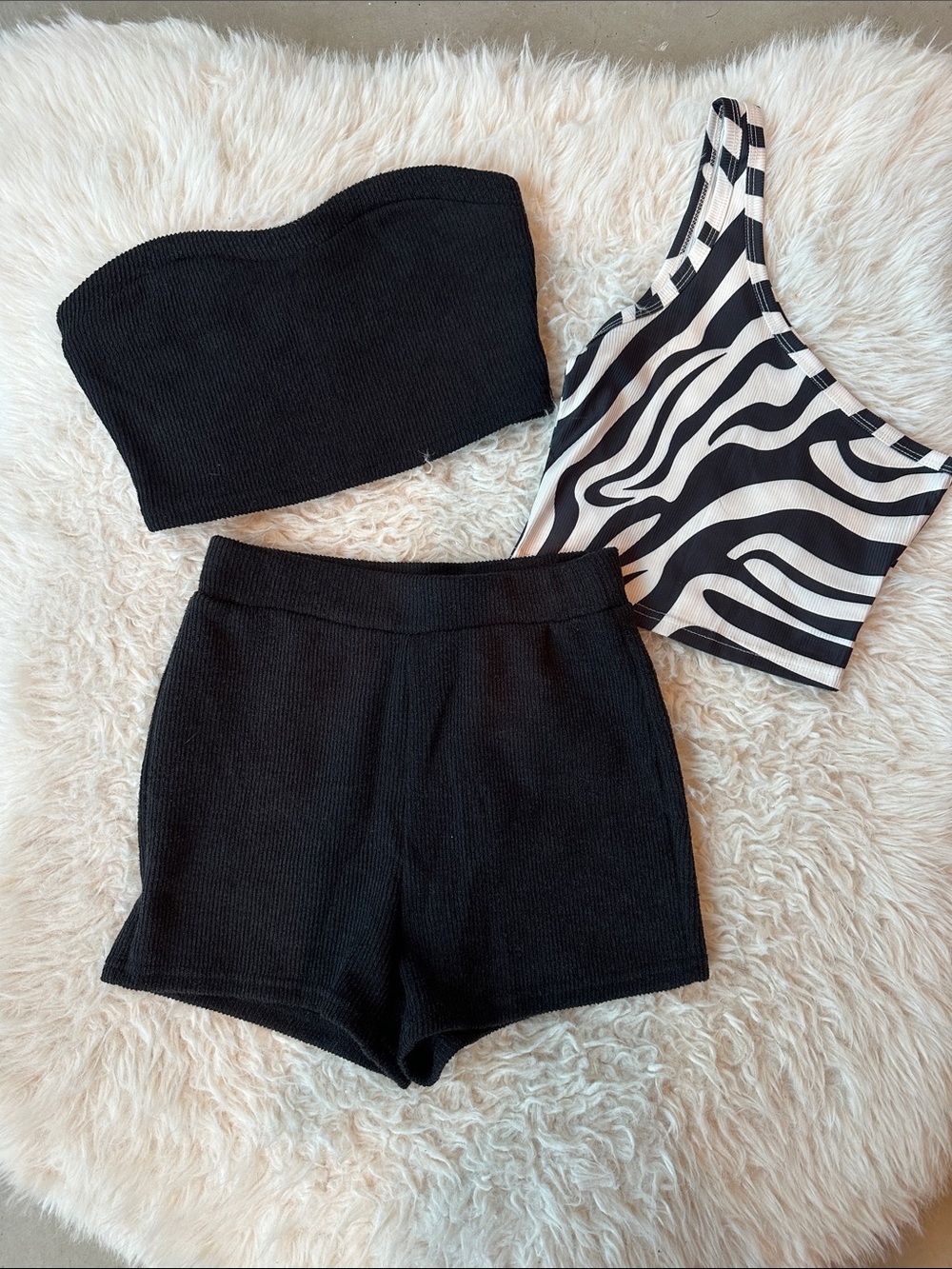 Black Ribbed Tube Top & Shorts Set with Zebra One-Shoulder Crop